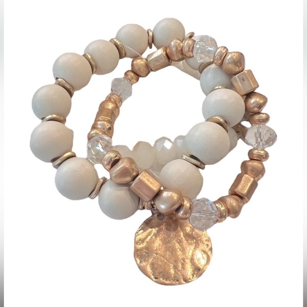 Three Strand Natural and Gold Medallion Stretchy Bracelet Set